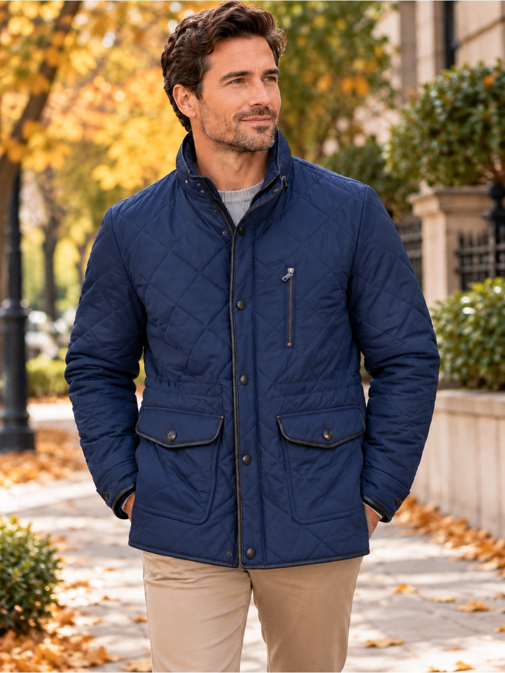 Bugatchi Uomo Men’s M Navy Diamond Quilted Field Jacket Stand Collar Preppy
